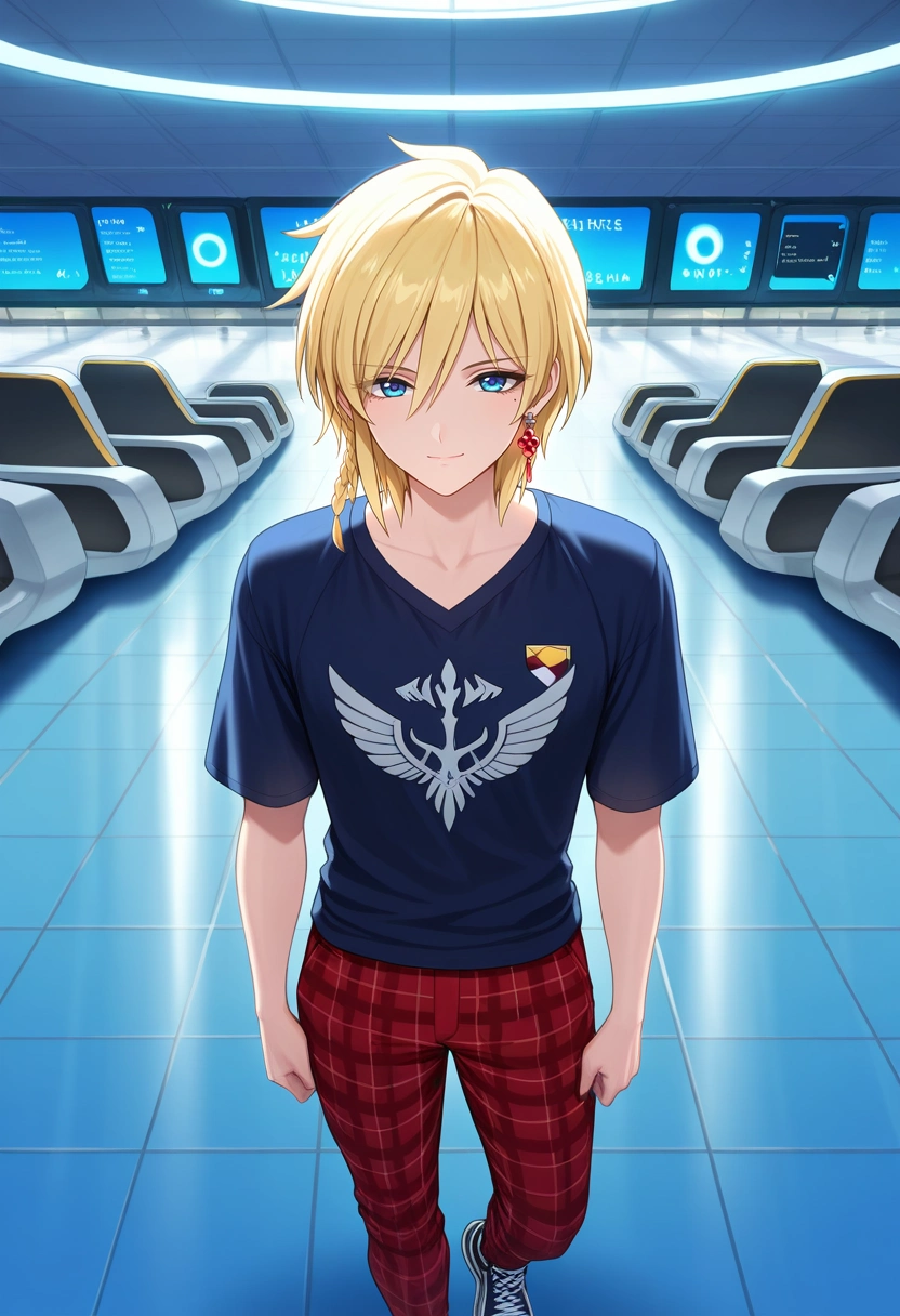masterpiece, best quality, intricate details, (realistic:0.6),, 1boy, solo, male focus, <lora:titus_alexius_ilxl:1>, titus_alexius, blonde hair, blue eyes, short hair, braid, mole under eye, earrings, , airport terminal, sleek gates, bustling travelers, glowing departure boards, waiting pose, hopeful expression, morning glow, Tartan Lurex Red Hiking pants, Lurex Rosewood Striated Baseball shirt, Suede sneakers, ,