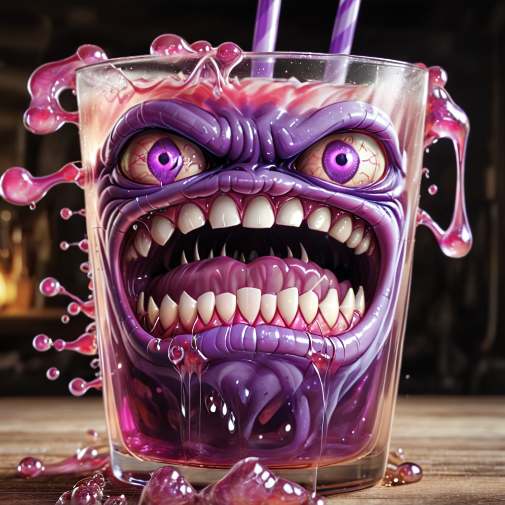 <lora:monster_foodXL:0.8>,monster_food, masterpiece,high resolution,detail,
no humans, teeth, drinking straw, purple eyes, looking at viewer, open mouth, glass