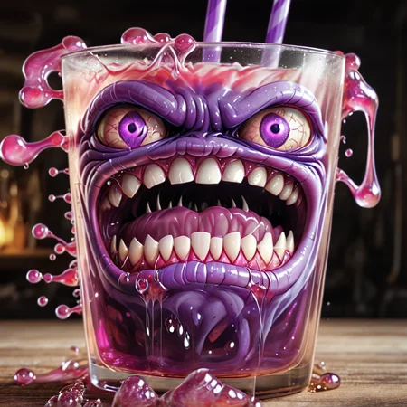 <lora:monster_foodXL:0.8>,monster_food, masterpiece,high resolution,detail,
no humans, teeth, drinking straw, purple eyes, looking at viewer, open mouth, glass