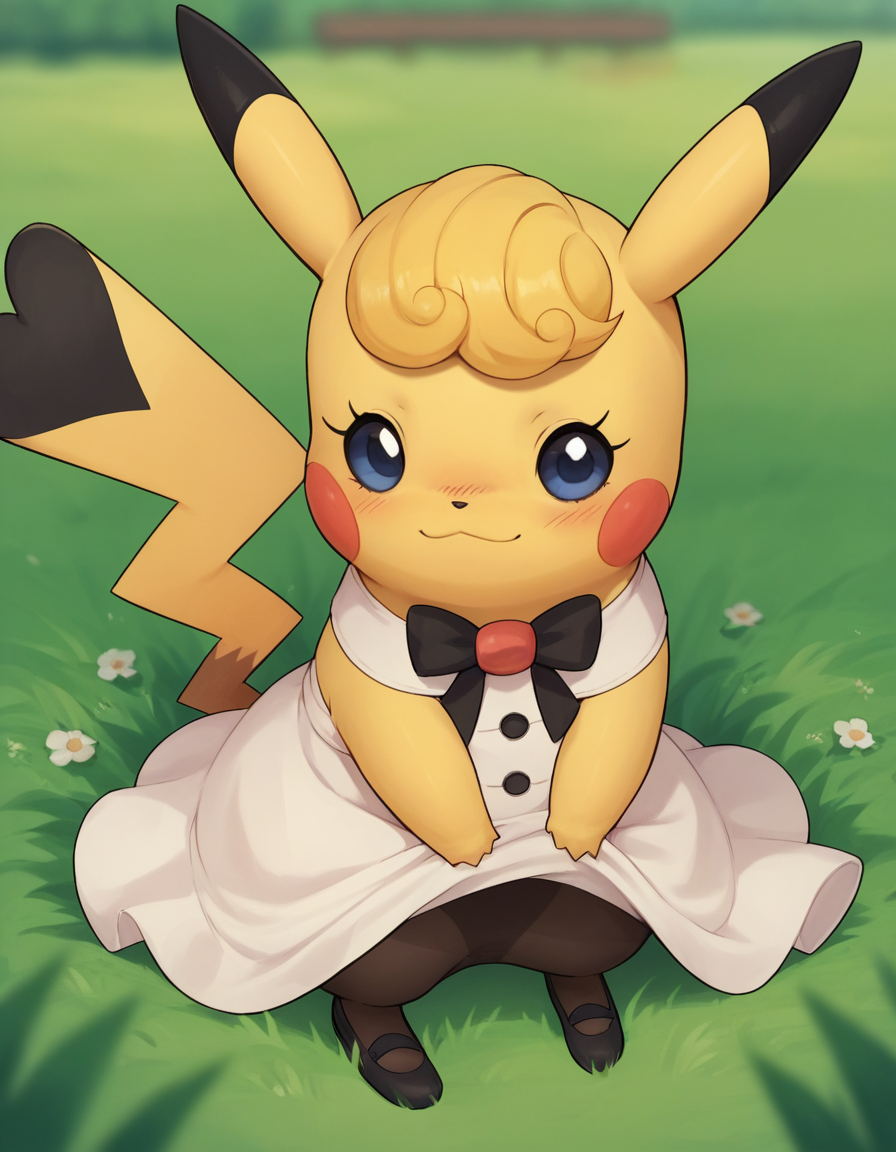 score_9, score_8_up, score_7_up, score_6_up, score_5_up, score_4_up, 1girl, solo, no humans,
clothed pokemon, furry, feral, blush, light smile, looking at viewer,
dress, Mary-Janes, pantyhose, blurry background, grass, <lora:Cosplaychu_beta:0.8> cosplay pikachu, pokemon \(creature\), yellow hair, (curly bangs), blue eyes, eyelashes, (black-tipped tail)