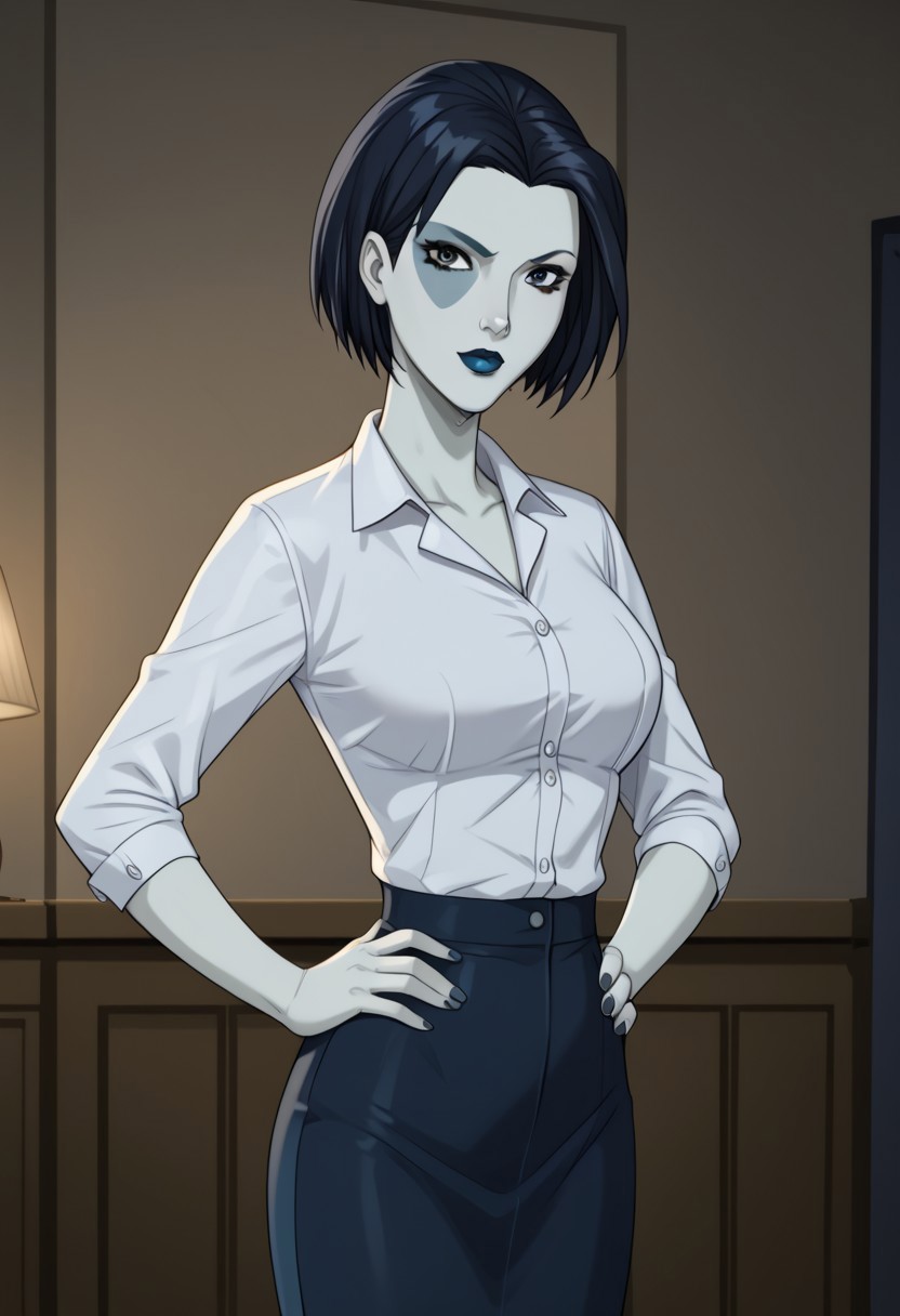 Score_9, score_8up, score_7up , perfect anatomy, cowboy shot), neena thurman, short hair, black hair, blue eyes, colored skin, blue skin, lipstick, black lips, ((looking at viewer)), toned, athletic, standing, hands on hip, indoors,alternate costume, alternate outfit ,ysteacher,navy hair,lipstick,short hair,brown eyes,collared shirt,breasts,pencil skirt,lipstick,pantyhose