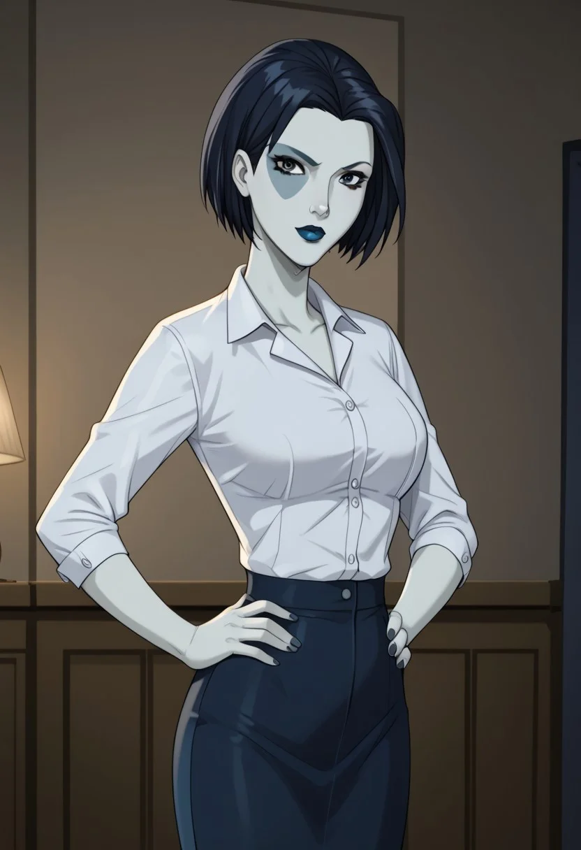 Score_9, score_8up, score_7up , perfect anatomy, cowboy shot), neena thurman, short hair, black hair, blue eyes, colored skin, blue skin, lipstick, black lips, ((looking at viewer)), toned, athletic, standing, hands on hip, indoors,alternate costume, alternate outfit ,ysteacher,navy hair,lipstick,short hair,brown eyes,collared shirt,breasts,pencil skirt,lipstick,pantyhose