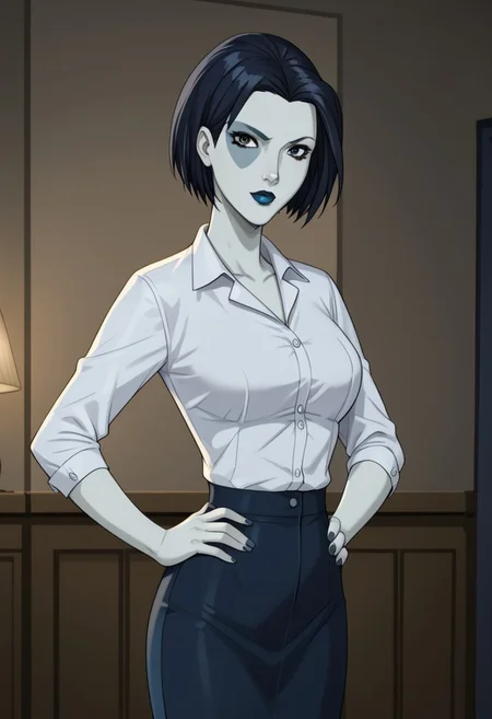 Score_9, score_8up, score_7up , perfect anatomy, cowboy shot), neena thurman, short hair, black hair, blue eyes, colored skin, blue skin, lipstick, black lips, ((looking at viewer)), toned, athletic, standing, hands on hip, indoors,alternate costume, alternate outfit ,ysteacher,navy hair,lipstick,short hair,brown eyes,collared shirt,breasts,pencil skirt,lipstick,pantyhose