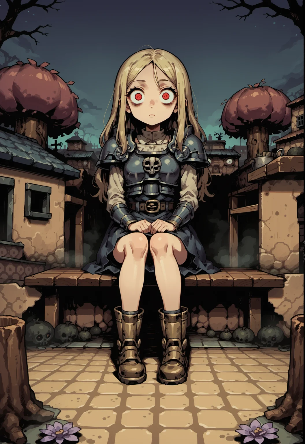 score_9, score_8_up, score_7_up, score_6_up, source anime
BREAK
1girl, steel shoulder armor, breastplate, belt, plate armor, steel boots, looking at viewer, sitting, wide eyes, expressionless, horror \(theme\), sitting on bench, red eyes, blonde hair, long hair, glowing eyes
BREAK
stone road, LttPKV, outdoors, rocky terrain, brown hills, tree, bush, dirt road, wall, yellow house, ruins, tree stump, wooden ladder, chest, blue roof, pink flower, autumn, night dark, dark sky, fog, wooden bench, <lora:ToZ-LttP_Kakariko_Village_Style_Background:0.6> <lora:Concept Art DarkSide Style LoRA_Pony XL v6:0.4> <lora:cr33pp41ntXLP:0.6> cr33pp41nt <lora:StrangeWorld_Pony:1>