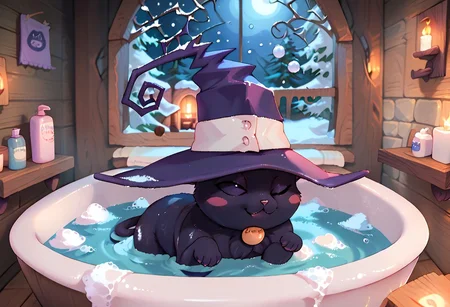 score_10 , score_9_up, score_8_up, score_7_up , score_6_up, vibrant colors, shiny_skin , prefect lighting, detailed image, snoozing , BREAK,
solo , ((feral , Cblair , cat , witch hat , black fur)) ,
inside , wooden house, snow forest, night , bathroom , bathtub , taking a bath in bathtub , soap bubbles,