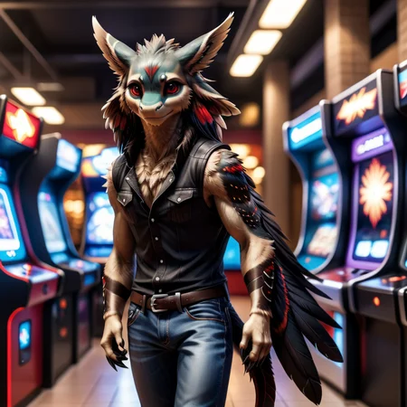 cinematic photo medium shot of a male avali in an arcade, red eyes, black fur, black feathers, red feathers, sleeveless shirt, jeans, tail, feathered arms, hands, claws, tail tuft<lora:Avali-XL-1.0-000024:1> . 35mm photograph, film, bokeh, professional, 4k, highly detailed