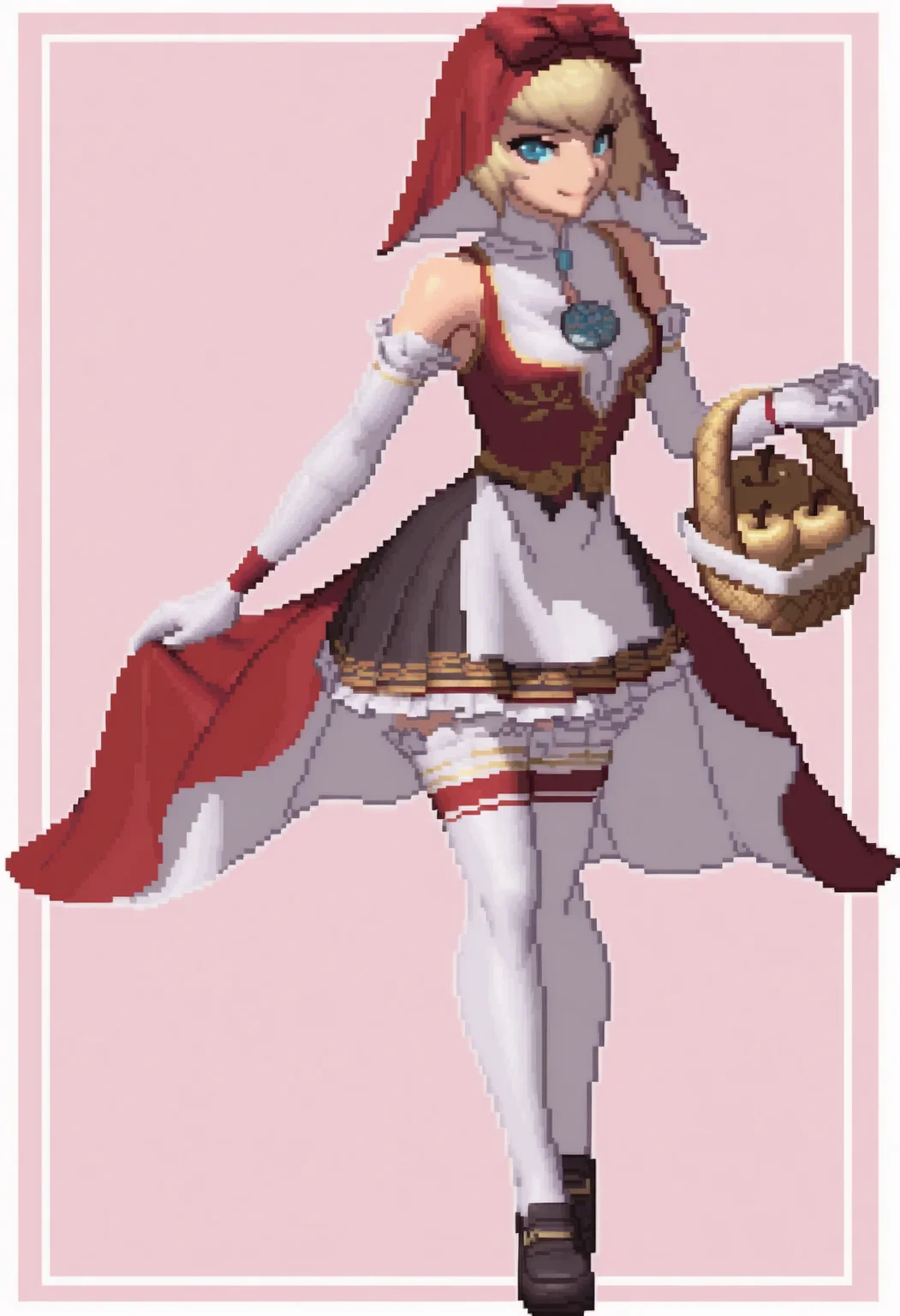 masterpiece, best quality, solo, 1girl, smile, looking at viewer, <lora:IdunV2-illus_Fp:1>, s5un, blonde hair, blue eyes, short hair, red veil, bow, red dress, collared dress, bare shoulders, black skirt, elbow gloves, brooch, white thighhighs, white gloves, frills, <lora:KOF-XIII-Sprites-illus_Fp:1>, simple background, pixel art, full body, golden apple, basket,