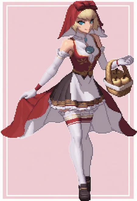 masterpiece, best quality, solo, 1girl, smile, looking at viewer, <lora:IdunV2-illus_Fp:1>, s5un, blonde hair, blue eyes, short hair, red veil, bow, red dress, collared dress, bare shoulders, black skirt, elbow gloves, brooch, white thighhighs, white gloves, frills, <lora:KOF-XIII-Sprites-illus_Fp:1>, simple background, pixel art, full body, golden apple, basket,