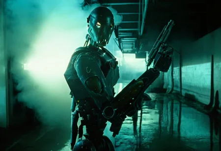 cinematic film still of, Terminator style, In the 1990's, solo, chrome Commando Droid, in cold hallway of industrial building, fiction,realistic,cyborg,cyberpunk , cinematic color, contrast, filmic, science fiction themed, action themed, cinematic look, dramatic light, dramatic shadow light, realistic, realism, perfection, perfect, Kodak, Kodak film, movie still, Terminator style, The Terminator 1991 Film style, shallow depth of field, vignette, highly detailed, high budget, bokeh, cinemascope, moody, epic, gorgeous, film grain, grainy