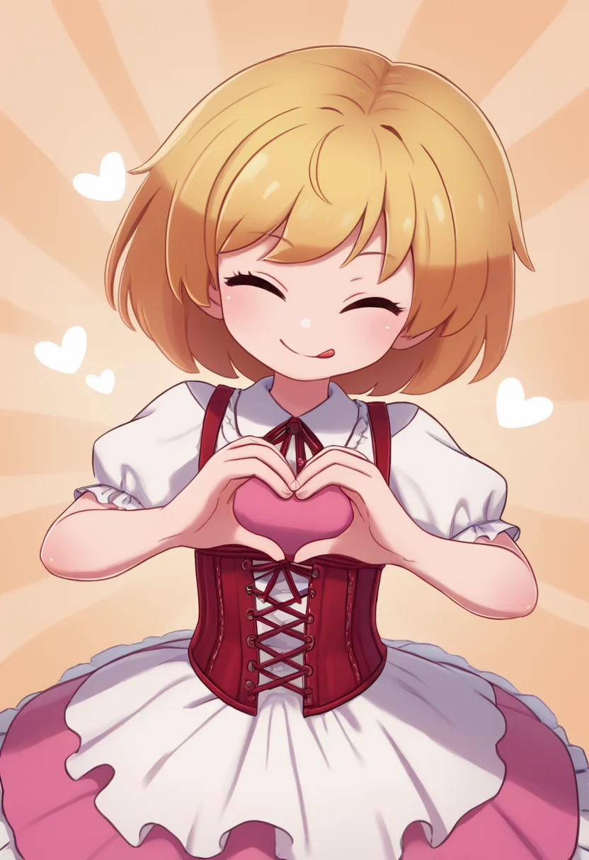 score_9, score_8_up, score_7_up, score_6_up, score_5_up, score_4_up, BREAK,
1girl, solo, looking at viewer, head tilt, heart hands, cowboy shot, happy,
cute dress, corset, wink, tongue out,
abstract background,