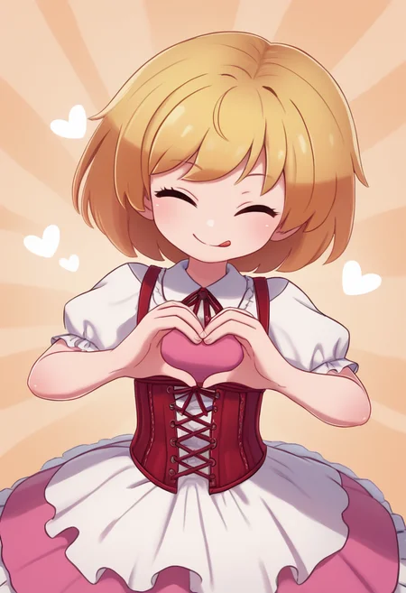 score_9, score_8_up, score_7_up, score_6_up, score_5_up, score_4_up, BREAK,
1girl, solo, looking at viewer, head tilt, heart hands, cowboy shot, happy,
cute dress, corset, wink, tongue out,
abstract background,