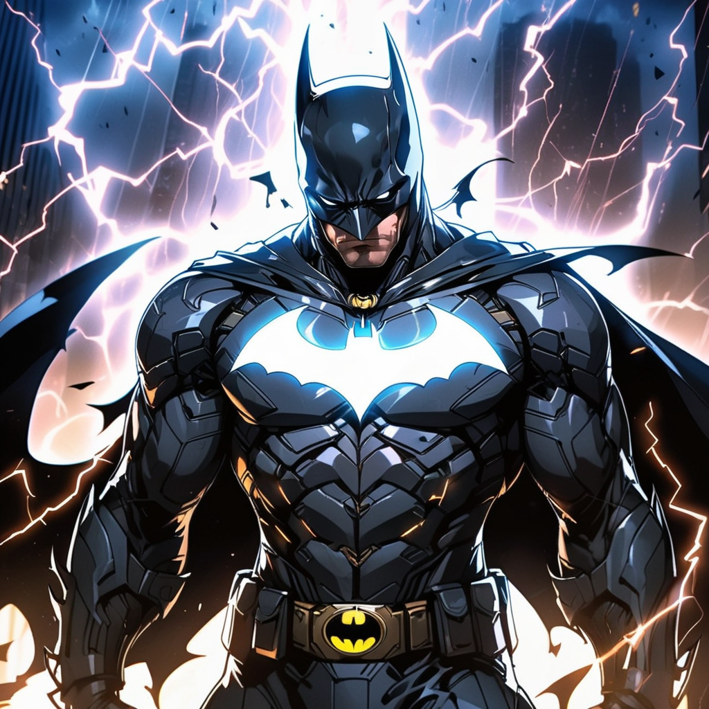 A dashing portrayal of Batman, clad in a sleek, jet-black suit that epitomizes stealth and strength. He stands in a dynamic pose, exuding a powerful aura. The scene is dramatically illuminated by beams of divine light piercing through the darkness, intertwining with streaks of lightning that crackle around him, adding an electrifying intensity. The atmosphere is charged with tension, hinting at the imminent action. Batman's eyes, visible beneath the cowl, are focused and resolute, reflecting the unyielding resolve of Gotham's guardian, <lora:herocoolstyle:0.65>,