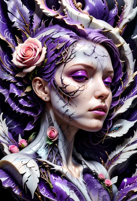 (HD, masterpiece, best quality, hyper detailed, ultra detailed, {detailed background| }, super realistic),cyberpunk woman face, cracked liquid marble, melancholic, side view, looking to the ground, tear, steam pipes connected to back neck, (feathers:1.2), (flower rose:1.3), torns vines, bionic eyes open, glowing purple light, nose piercing, GeekyXL_Liquid_Marble, add-detail-xl, xl_more_art-full_v1<lora:XL\Style\GeekyXL_Liquid_Marble.safetensors:0.8:0.8> <lora:XL\Enhance\add-detail-xl.safetensors:0.6:0.6> <lora:XL\Enhance\xl_more_art-full_v1.safetensors:0.6:0.6>