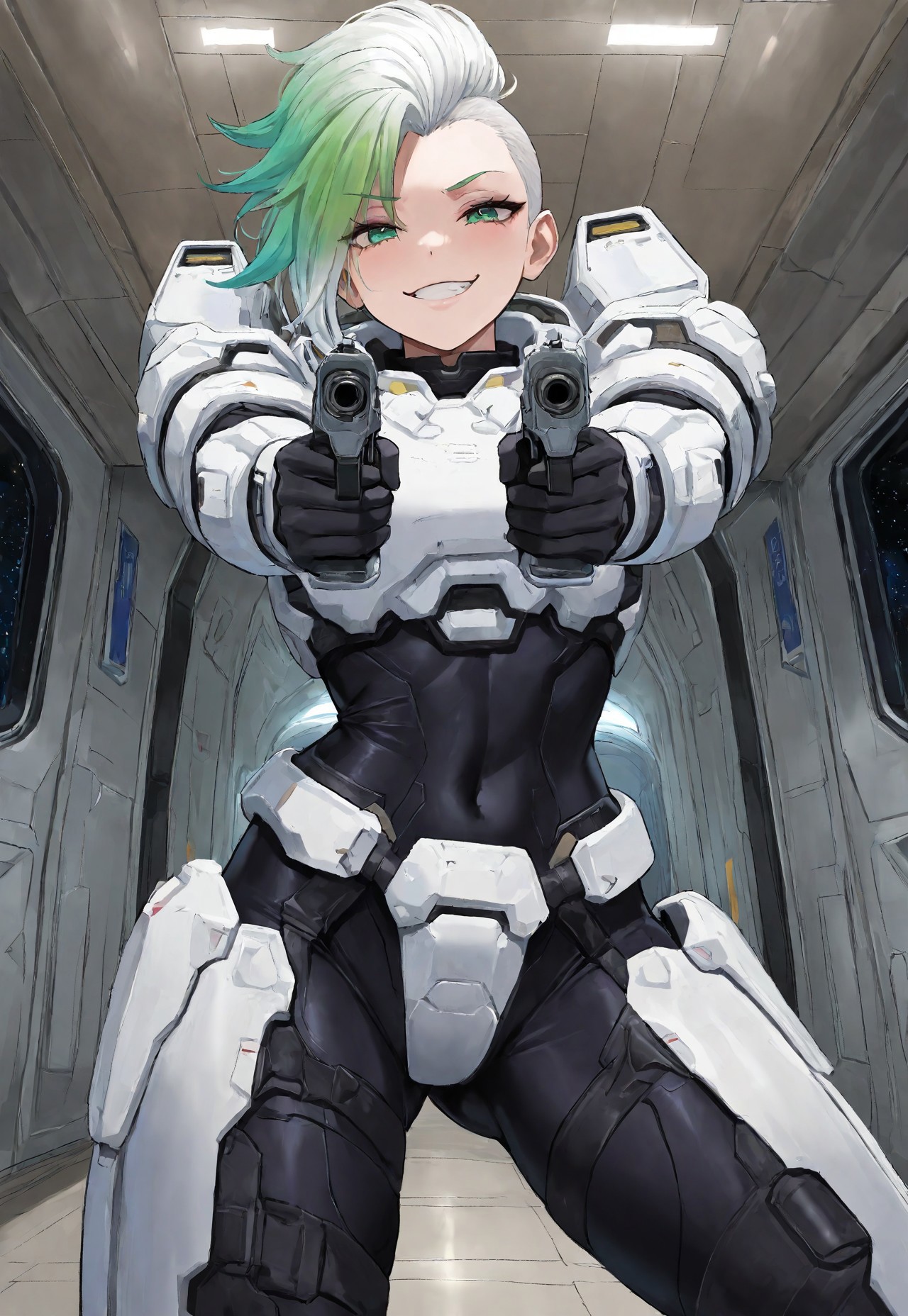 masterpiece, best quality, amazing quality, very aesthetic, absurdres, newest, detailed background, 5partan, 1girl, solo, white armor, green hair, white hair, gradient hair, mohawk, green eyes, smug, teeth, holding pistol, aiming at viewer, cowboy shot, space station, hallway