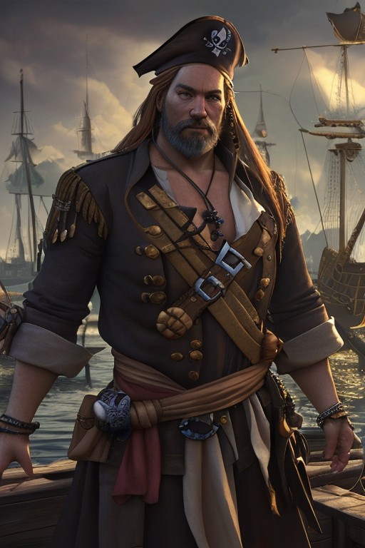 (masterpiece:1.2), (best quality,:1.2), 8k, HDR, ultra detailed, ((photorealistic)), professional light, cinematic lighting, fashion photography, ambient lighting, atmospheric effects, <lora:detail_slider_v4:2>, <lora:zoom_slider_v1:4>, a (male) pirate, long hair, beard, <lora:PirateGarb:0.5>, in a pirate harbor on a pirate island, <lora:PirateRealms:0.6>, PiRe, epiCPhoto