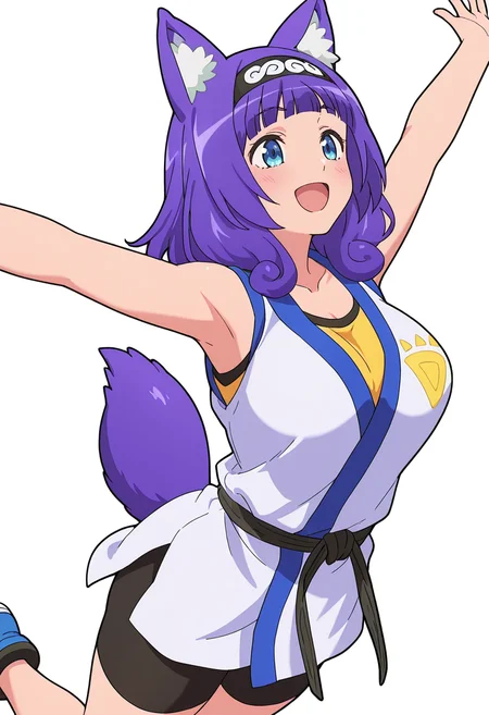 Smooth Quality,masterpiece,very intricate, high quality details, ultra realistic, high detailed skin,detailed enviorement,absurdres,
spread fingers,solo,
 <lora:Kyan_Hitamu_CNR:0.8> hitamu_cnr, fox ears,animal ear fluff,blue eyes,purple hair, medium hair,long hair, blunt bangs,large breasts, hairband, fox tail, 
hitamu_dfe_cnr, collarbone,dougi, martial arts belt, yellow shirt,sleeveless shirt,bike shorts,, simple background, white background, dutch angle,
jumping, arms raised, legs bent, happy face, energetic posture,  ,, xd,