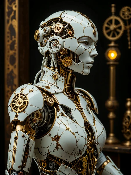 steampunk style.
Professional photography. award winning cinematic photo.

A pure white cyborg in the Kintsugi style. 

antique, mechanical, brass and copper tones, gears, intricate, detailed   