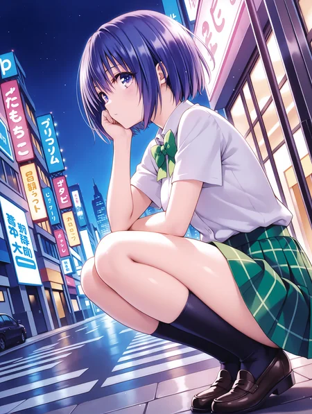 masterpiece,best quality,newest,
1girl,solo,
<lora:s_haruna_ilxl_v1.2:1>,haruna,blue hair,blue eyes,h_clothes,green bowtie,short sleeve blouse,green plaid skirt,black socks,loafers,untucked_shirt,
<lora:Fixhands_anime_bdsqlsz_V1:1>,profile,looking_at_viewer,city,street,night,dynamic_angle,cinematic_angle,cowboy_shot,squatting,cheek rest,