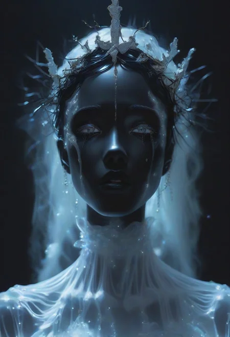 score_9, score_8_up, score_7_up, BREAK, The image is a high-resolution photograph of a person's face, taken in a dramatic, almost surreal style. The subject is a woman with black hair, a fair complexion and striking features. Her body is covered with a black translucent fabric that drapes over her shoulders, creating a ghostly, ethereal effect, which contrasts sharply with the black skin and the black film, white tears, crying, black background