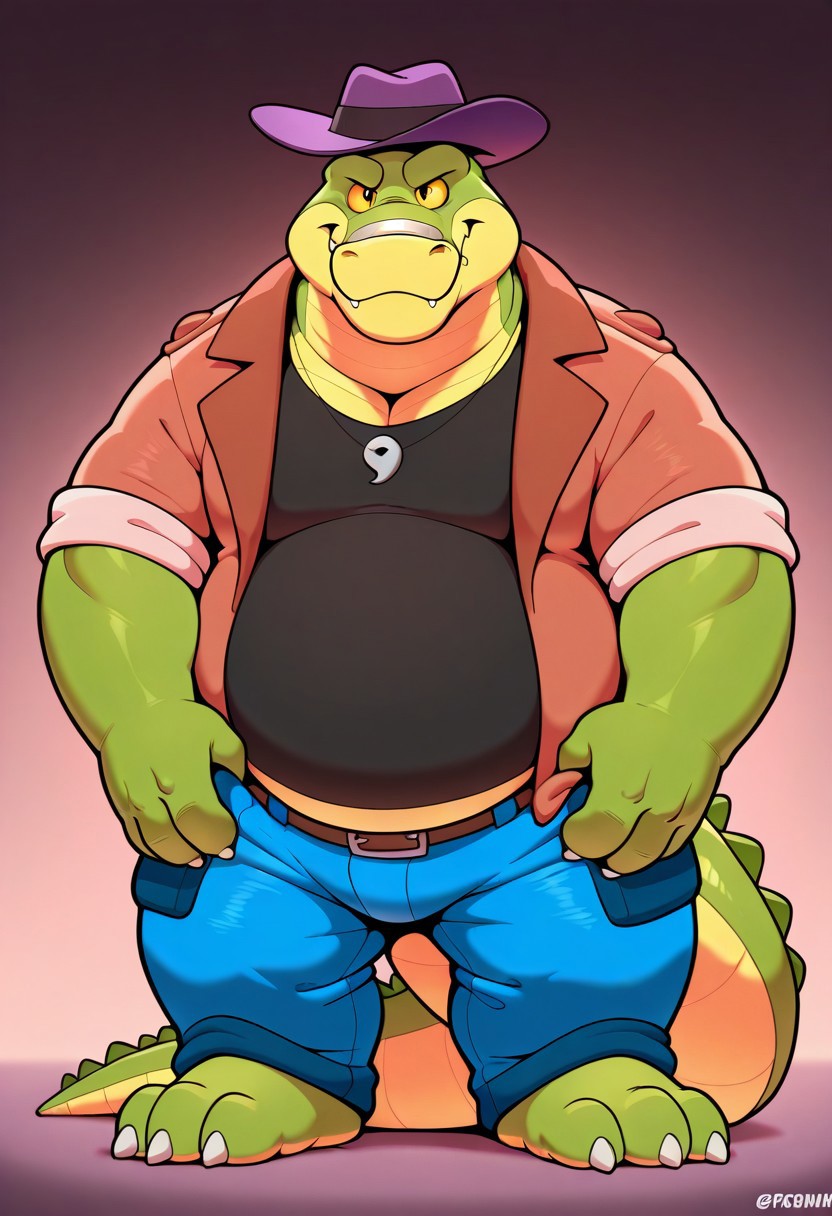 masterpiece,best quality,amazing quality,3_toes, 4_fingers, alligator, brok,necklace, purple hat, headgear, male, pants, reptile, slightly_chubby, solo,furry