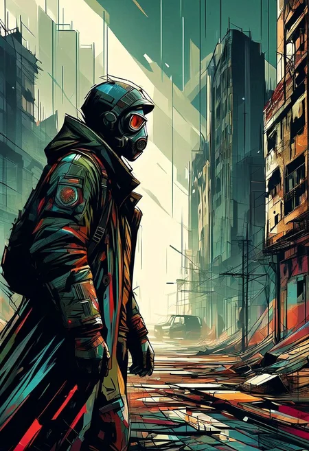 A rugged post-apocalyptic survivor in scavenged armor and a gas mask stands amidst the ruins of a devastated city. Abandoned vehicles, crumbling buildings, haze, extreme close-up, portrait, desolate atmosphere.