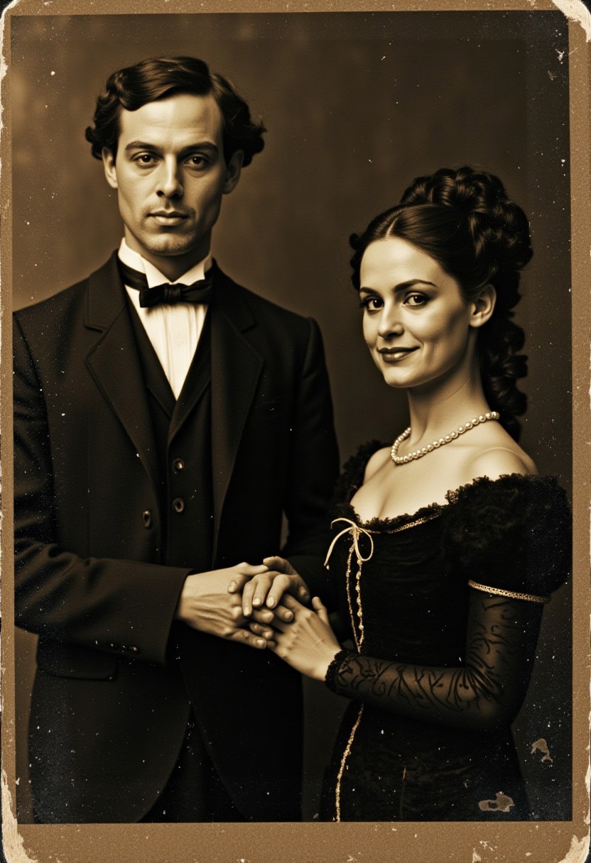 a worn out couples photograph from 1897, dark contrast sepia with a golden hue, good condition. the man and woman wearing Victorian clothing, holding hands smiling with a subtle gothic punk tone
