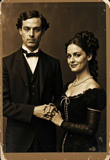 a worn out couples photograph from 1897, dark contrast sepia with a golden hue, good condition. the man and woman wearing Victorian clothing, holding hands smiling with a subtle gothic punk tone