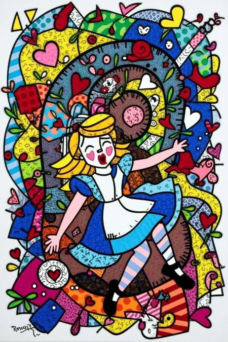 romeb1 illustration.
Overhead view of Alice in Wonderland falling into the rabbit hole, with her legs dangling beneath her. She is looking upward, her face filled with shock and terror as she screams. Her blue dress and white apron billow out around her as she tumbles, while her striped stockings and black shoes are visible below. The rabbit hole is a swirling, chaotic mix of vibrant colors, playing cards, teacups, and other Wonderland objects floating around her. Soft glowing light emanates from the tunnel walls, adding an eerie, fantastical feel to the scene. The sense of motion and fear is palpable as Alice falls deeper into the unknown. The background is stark white. <lora:romeb1_cap_d6a3e12:1.0><lora:829128670678534613:0>