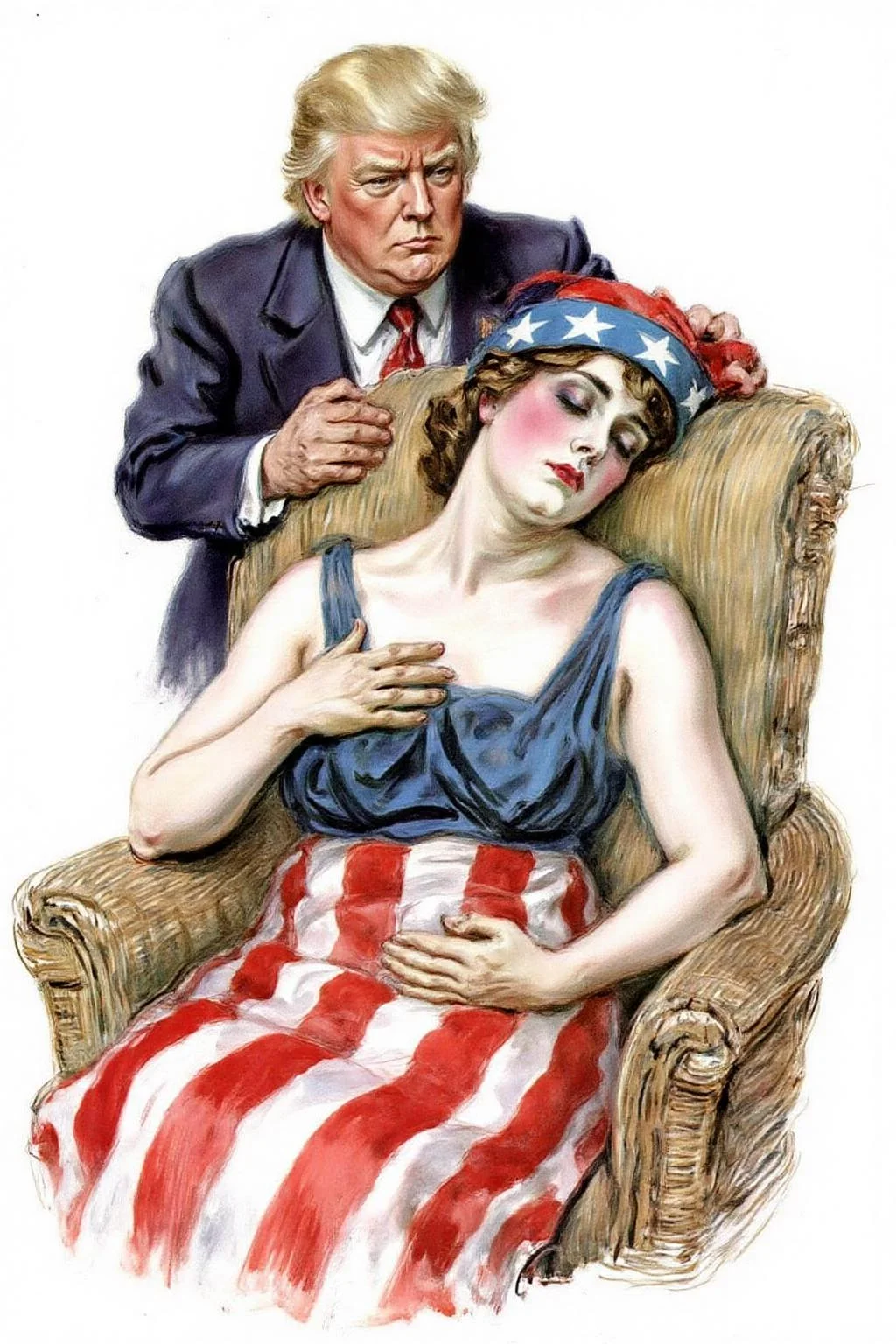 jamesmontgomeryflagg1 illustration.
A woman symbolizing America, shown asleep on a wicker chair, wearing a blue and red Phrygian cap with stars, a blue top, and a skirt with red and white stripes resembling the American flag. Donald Trump stands behind her, with his hands on her chest. <lora:jamesmontgomeryflagg1_cap_d8a4e12:1.0><lora:859140249639514892:0>