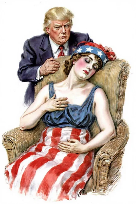 jamesmontgomeryflagg1 illustration. 
A woman symbolizing America, shown asleep on a wicker chair, wearing a blue and red Phrygian cap with stars, a blue top, and a skirt with red and white stripes resembling the American flag. Donald Trump stands behind her, with his hands on her chest. <lora:jamesmontgomeryflagg1_cap_d8a4e12:1.0><lora:859140249639514892:0>