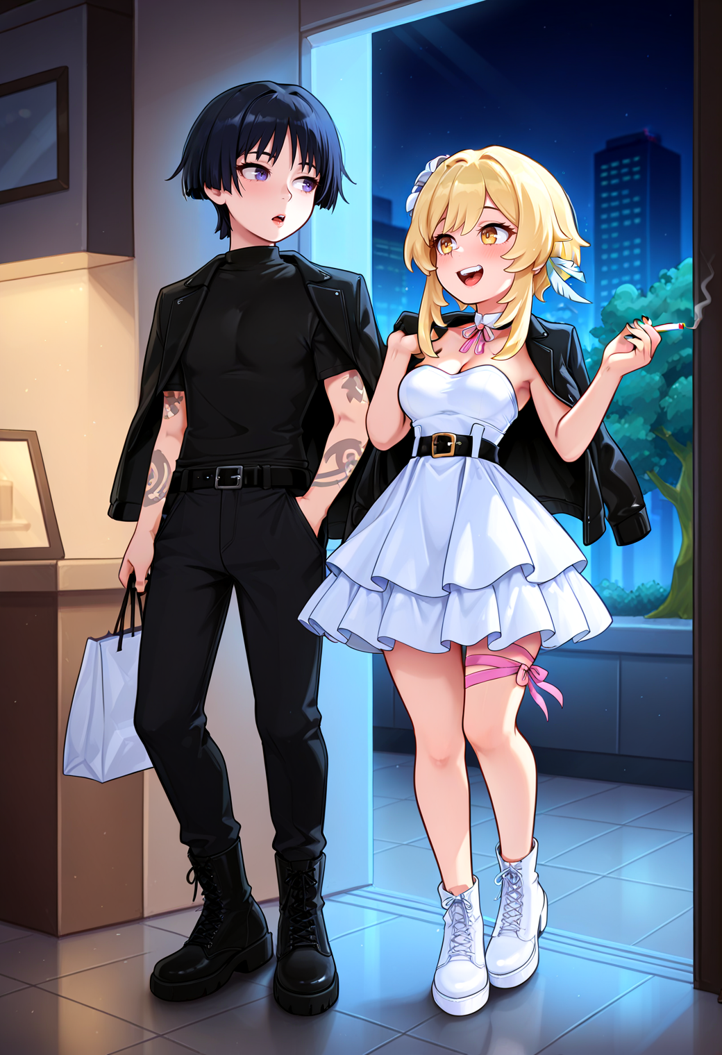 IllustriousQual <lora:StS-Illustrious-Detail-Slider-v1.0:2> <lora:cfg_scale_boost:0.3>,detailed_background,indoors,tattoo,shirt,white footwear,black belt,black hair,1boy,neck ribbon,eyelashes,ribbon,shopping bag,upper teeth only,smile,holding cigarette,open clothes,mid-stride,absurdres,blunt ends,layered skirt,building,leg ribbon,hair between eyes,turtleneck shirt,alternate costume,t-shirt,contemporary,lumine \(genshin impact\),genshin impact,jacket,holding jacket,arm tattoo,scaramouche \(genshin impact\),casual,black shirt,yellow eyes,white skirt,strapless dress,belt,dress,pants,black footwear,suerakocy,night,highres,short hair with long locks,1girl,strapless,looking at another,sideways glance,black nails,holding,sidelocks,black pants,teeth,couple,jacket on shoulders,hand up,pink ribbon,turtleneck,tree,arm at side,blonde hair,holding bag,black jacket,cross-laced footwear,skirt,borrowed clothes,bag,closed mouth,white dress,skin tight,cigarette,open jacket,boots,open mouth,holding unworn clothes,short hair,black eyes,dating,full body,hetero