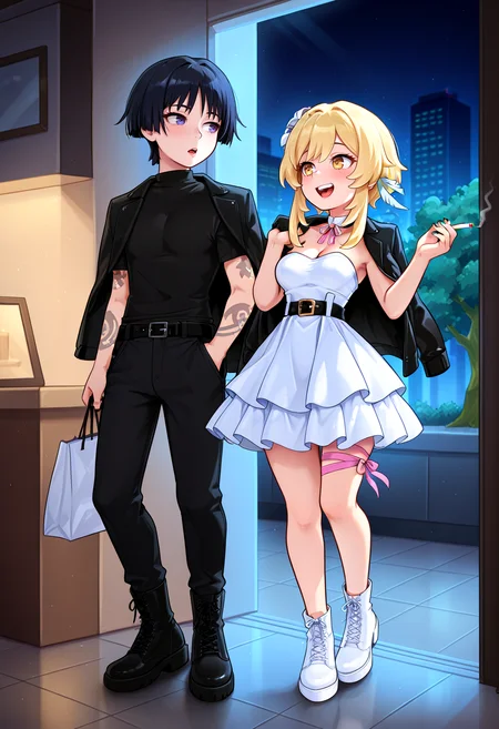 IllustriousQual <lora:StS-Illustrious-Detail-Slider-v1.0:2> <lora:cfg_scale_boost:0.3>,detailed_background,indoors,tattoo,shirt,white footwear,black belt,black hair,1boy,neck ribbon,eyelashes,ribbon,shopping bag,upper teeth only,smile,holding cigarette,open clothes,mid-stride,absurdres,blunt ends,layered skirt,building,leg ribbon,hair between eyes,turtleneck shirt,alternate costume,t-shirt,contemporary,lumine \(genshin impact\),genshin impact,jacket,holding jacket,arm tattoo,scaramouche \(genshin impact\),casual,black shirt,yellow eyes,white skirt,strapless dress,belt,dress,pants,black footwear,suerakocy,night,highres,short hair with long locks,1girl,strapless,looking at another,sideways glance,black nails,holding,sidelocks,black pants,teeth,couple,jacket on shoulders,hand up,pink ribbon,turtleneck,tree,arm at side,blonde hair,holding bag,black jacket,cross-laced footwear,skirt,borrowed clothes,bag,closed mouth,white dress,skin tight,cigarette,open jacket,boots,open mouth,holding unworn clothes,short hair,black eyes,dating,full body,hetero