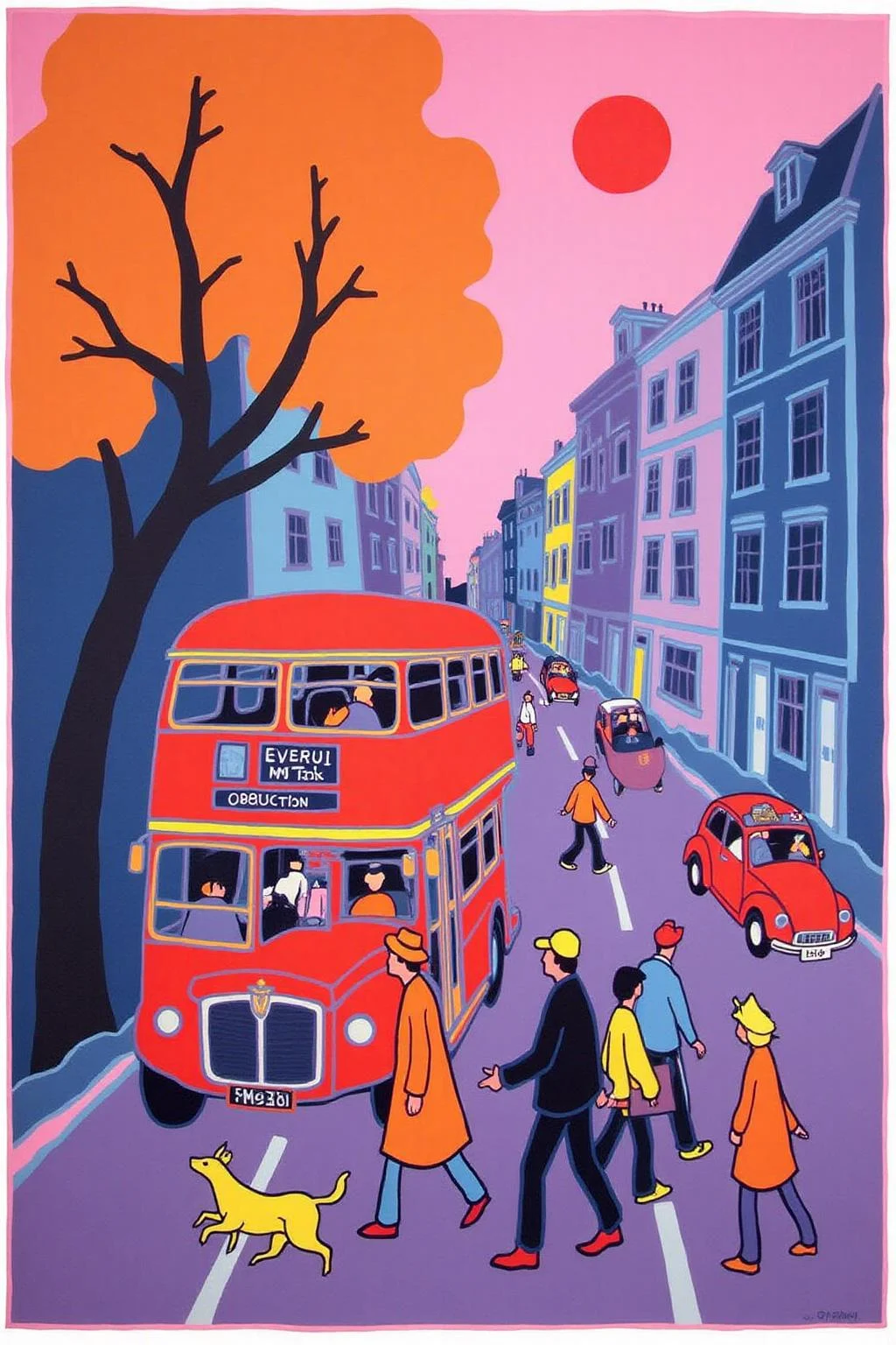teha1 illustration.
A bustling city street scene. The artwork features a vibrant, urban environment with a focus on a busy road filled with various vehicles. In the foreground, a red double-decker bus dominates the scene, its distinctive shape and color standing out against the muted background. The bus is partially obscured by a tree with leaves painted in warm autumn colors. <lora:teha1_cap_d6a3e11:1.0><lora:827670795569576988:0>