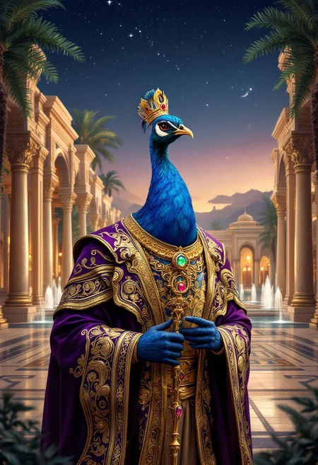 A serene digital shot of an anthropomorphic peacock embodying the regal splendor of an Arabian Nights sultan. The peacock has a golden crown adorned with rubies and wears luxurious silk robes of deep purple and gold, embroidered with intricate paisley patterns. It holds a staff topped with a crescent moon and gem. The background reveals a grand palace courtyard with marble columns, lush hanging gardens, and flowing fountains under a starry desert sky.