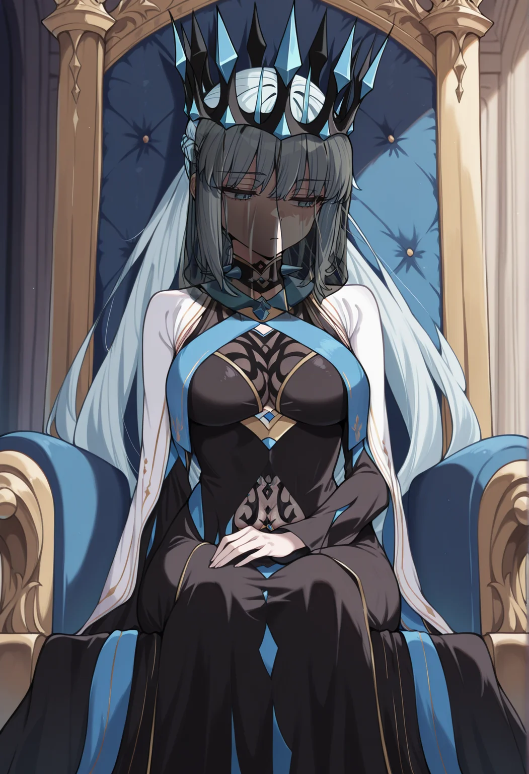 1girl, long hair, grey hair, blue eyes, very long hair, ponytail, Split ponytail, french braid, Crown, veil, spiked collar, black dress, sitting, bored, indoors, throne, royal throne, <lora:Morgan_illus:1> medium breasts, masterpiece, best quality, amazing quality, very aesthetic, absurdres, highres, newest