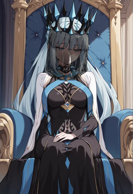 1girl, long hair, grey hair, blue eyes, very long hair, ponytail, Split ponytail, french braid, Crown, veil, spiked collar, black dress, sitting, bored, indoors, throne, royal throne, <lora:Morgan_illus:1> medium breasts, masterpiece, best quality, amazing quality, very aesthetic, absurdres, highres, newest