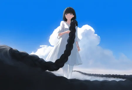 very awa, masterpiece, best quality, year 2024, newest
(wlop:0.7), (kim hyung tae:0.8), rella, (free style \(yohan1754\):0.8), (kannko bokujou:0.3), (ogipote:0.8)
blue sky, clouds, sunshine, day
full body, solo focus
standing, 
holding braid
petite
smile, closed mouth, 
gigantic braid, single braid
blunt ends, straight hair, black hair, hime cut
1girl, blue eyes
white pantyhose, white pajamas
medium breasts, 