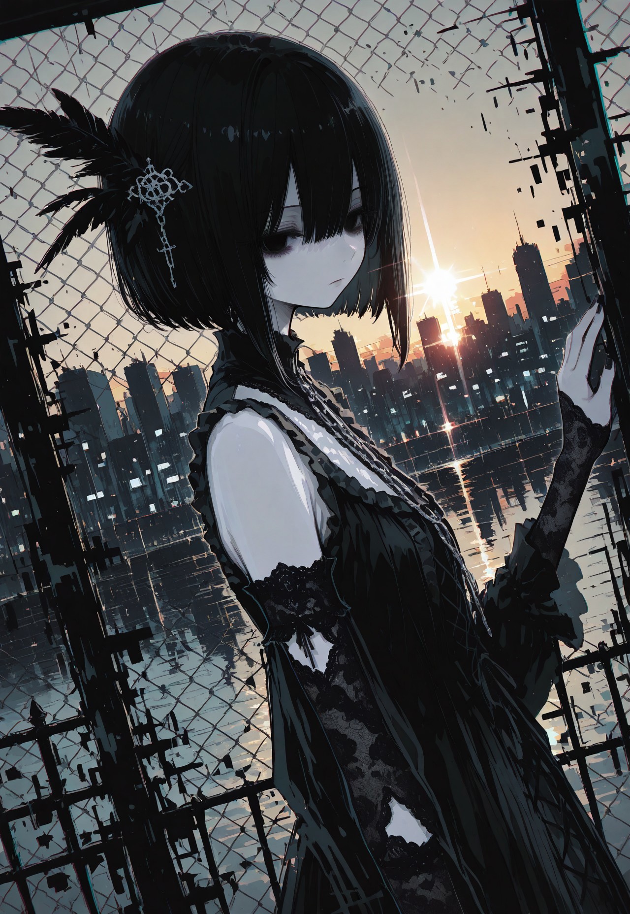 masterpiece,  best quality, good quality, very awa,  very aesthetic, absurdres, newest, oc-chan_(ketopon), 1girl, solo, black hair, bob cut, feather hair ornament, hair between eyes, black eyes, solid eyes, expressionless, pale skin, goth fashion, frilled dress, high collard,lace trim, standing behind fence, chain-link fence,from outside, touching fence, lace elbow gloves, nail polish, upper body, outdoors, seaside, sunset, backlighting, raytracing,  scenery, reflection, lens flare, cityscape, city lights, dark theme,chromatic aberration, from side, dutch angle, limited palette, no lineart, no outline,painterly, glitch art, flat color, 15546+456868, r17329_illu,