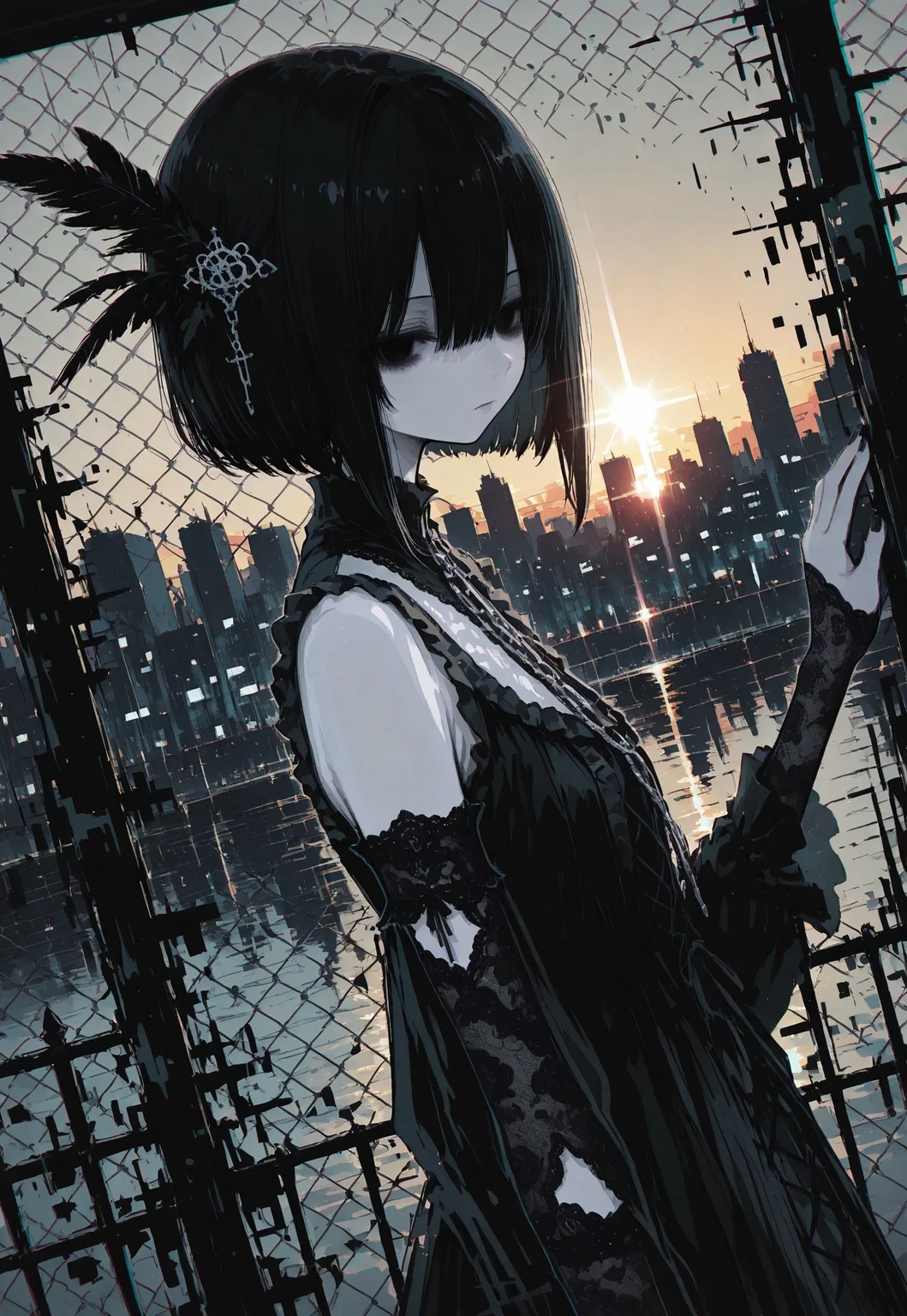 masterpiece, best quality, good quality, very awa, very aesthetic, absurdres, newest, oc-chan_(ketopon), 1girl, solo, black hair, bob cut, feather hair ornament, hair between eyes, black eyes, solid eyes, expressionless, pale skin, goth fashion, frilled dress, high collard,lace trim, standing behind fence, chain-link fence,from outside, touching fence, lace elbow gloves, nail polish, upper body, outdoors, seaside, sunset, backlighting, raytracing, scenery, reflection, lens flare, cityscape, city lights, dark theme,chromatic aberration, from side, dutch angle, limited palette, no lineart, no outline,painterly, glitch art, flat color, 15546+456868, r17329_illu,