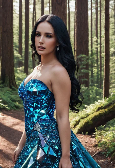(score_9, score_8_up, (((realism, photograph), (photorealistic), realistic)), intricate detail), (soft lighting, sunset lighting), (beautiful woman, sexy woman, young woman, 20 years old, Celtic woman, (slender woman:1.7)), (detailed face:1.2), (smooth hair, long hair, black hair:1.8), ((cobalt blue, crystalline dress:1.1), (sleeveless, bare arms, strapless)), (cleavage:1.6), walking in a forest, 8k uhd, dslr, high quality, film grain, Fujifilm XT3