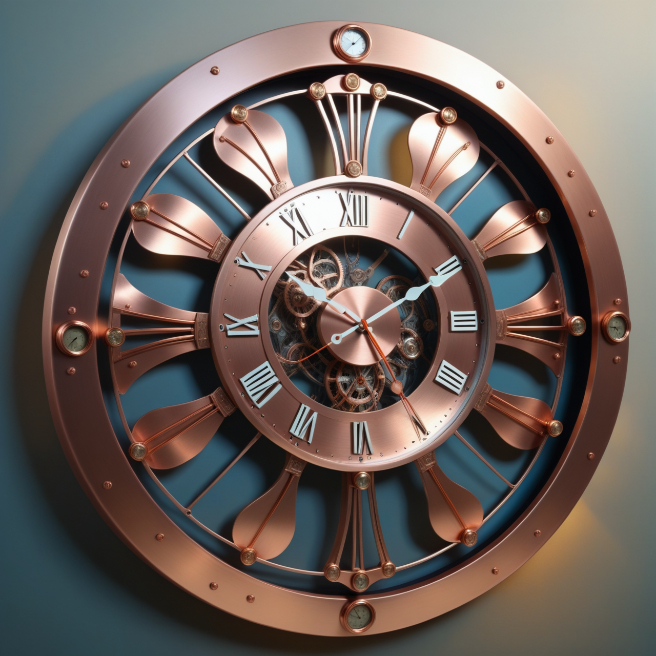 a wall clock made out of Jed-ANC, masterpiece, full of details, ambient light, sharp and in focus,  <lora:ArtNouveauCopperStyle:0.7>
