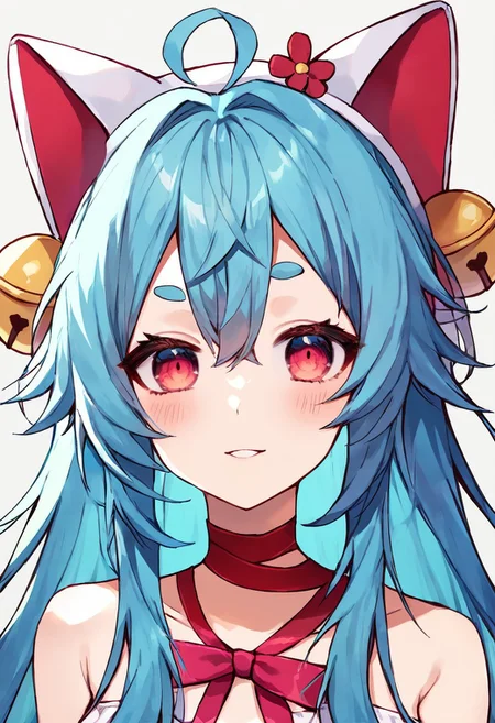 score_9, score_8_up, score_7_up, score_6_up, score_5_up, score_4_up, source_anime, BREAK
t4ffy, 1girl, solo, pink eyes, fake animal ears, blue hair, hair bell, long hair,
neck ribbon, arm ribbon, leg ribbon, dress, red bow, looking at viewer,
Portrait, upper body, only portrait
<lora:taffy_t4ffy_v1:0.9>