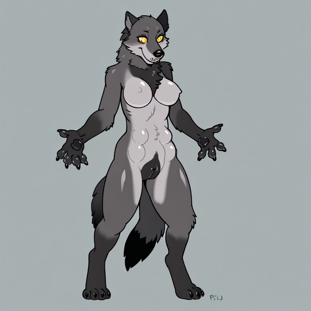 1 wolf, female semi-anthro, black canine pussy, breasts, yellow eyes, yellow sclera, black pupils, Light grey body, white underbelly, shiny fur, 4 toes, 5 fingers, pawed fingers, black claws, standing, solo, rf1,