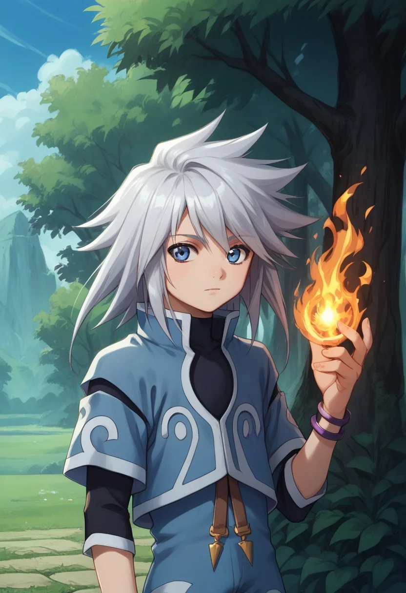 score_9, score_8_up, score_7_up, source_anime, highly detailed,
genis, solo, male focus, 1boy, long hair, shirt, shorts, jacket, black shirt, blue jacket, standing, looking at viewer, bracelet, jewelry, silver hair, upper body, blue eyes, slender, skinny, spell, fire spell,
outdoor, sky, tree,