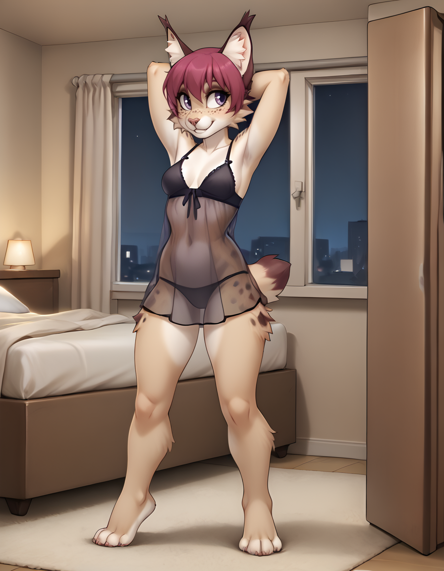 indoors,bedroom,window,night,night sky,
full body,smile,long eyelashes,pose,
see-through negligee,nightgown,standing,black bikini, arms behind head, 
<lora:Kordy_v01_PDXL:1>,Kordy,1girl,solo,furry female,animal ears,short hair,tail,snout,animal nose,body fur,purple eyes,freckles,animal ear fluff,bangs,pink hair,white fur,two-tone fur,