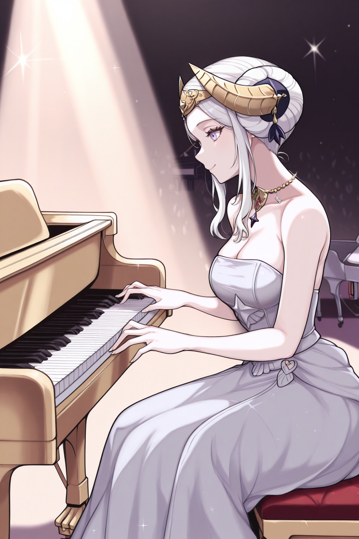 masterpiece, best quality, 1girl, solo, <lora:feedelgard-illu-nvwls-v1-000006:1> timeskipedel, white hair, double bun, sidelocks, purple eyes, gold headpiece, gold crown, silver gown, long dress, strapless dress, gold necklace,  <lora:grandpiano-concept-richy-v1_ixl:1> grand piano, sitting, playing piano, stage, spotlight, smile, from side