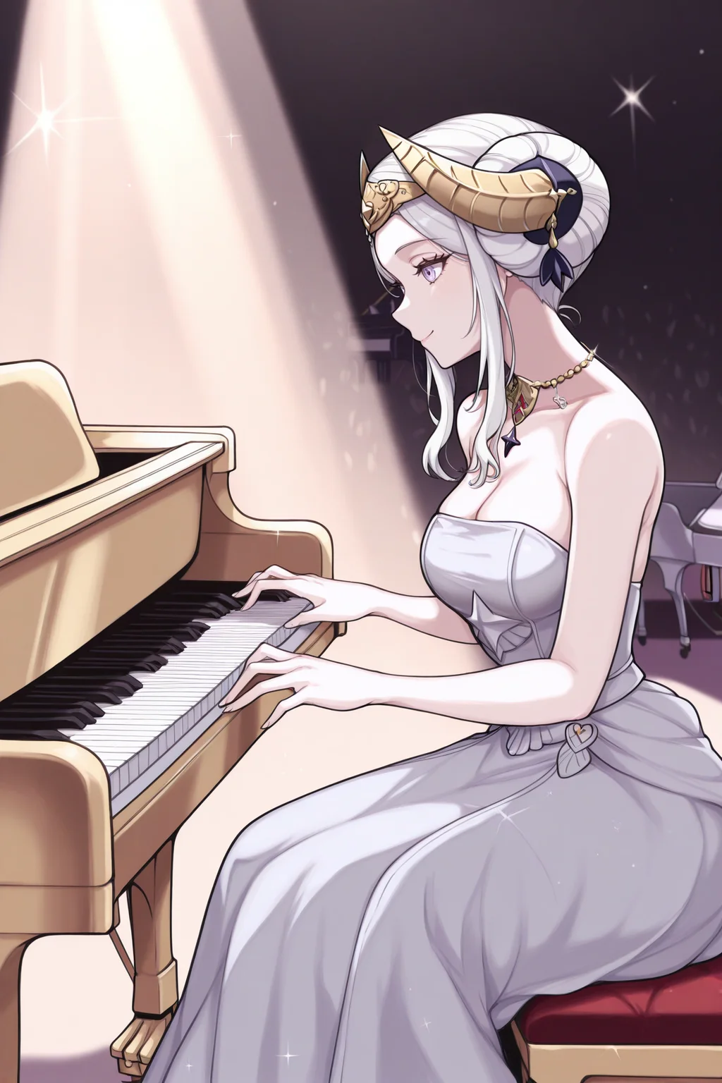 masterpiece, best quality, 1girl, solo, <lora:feedelgard-illu-nvwls-v1-000006:1> timeskipedel, white hair, double bun, sidelocks, purple eyes, gold headpiece, gold crown, silver gown, long dress, strapless dress, gold necklace,  <lora:grandpiano-concept-richy-v1_ixl:1> grand piano, sitting, playing piano, stage, spotlight, smile, from side