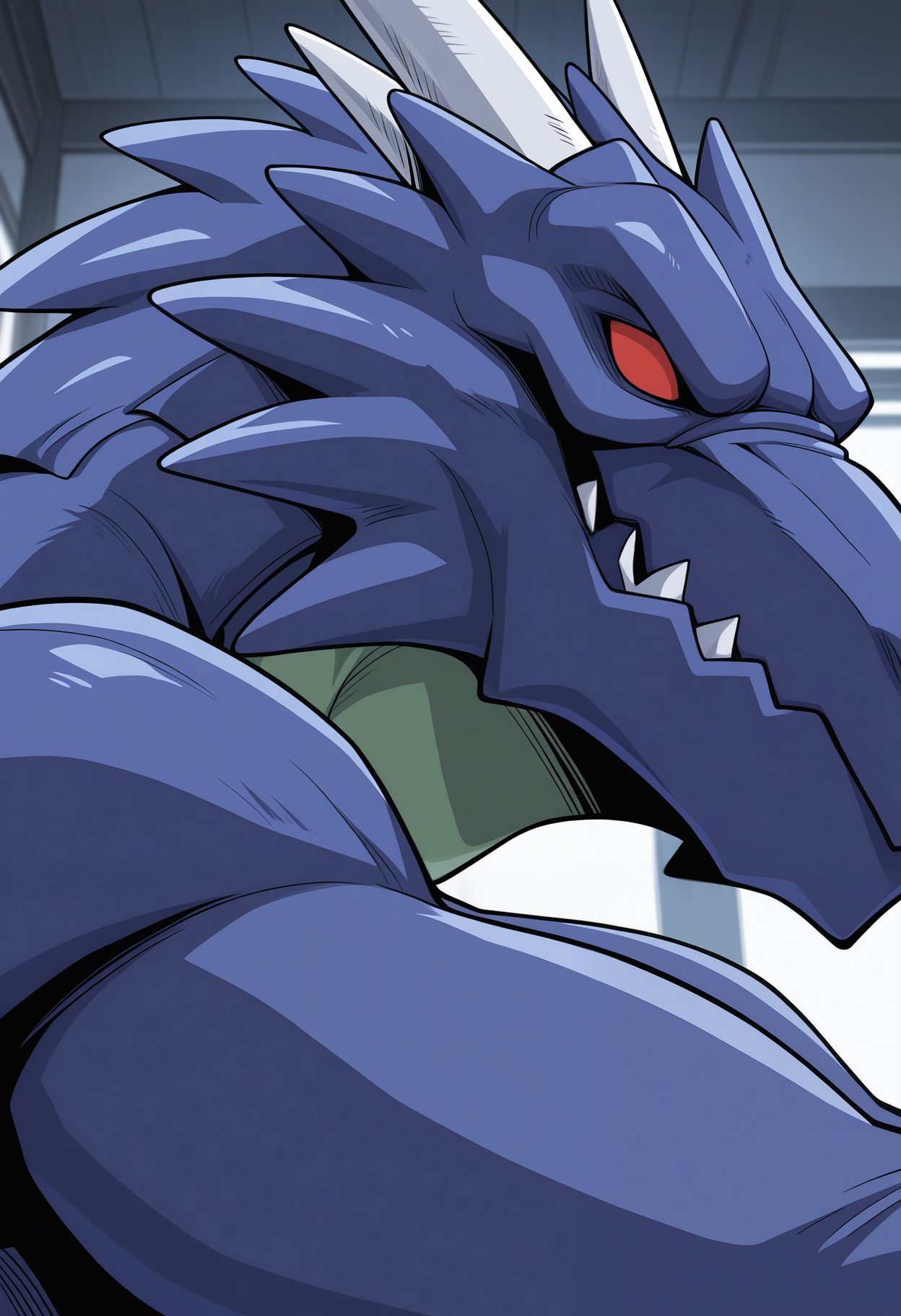 masterpiece,best quality,amazing quality, 1boy, solo, 4rml1z, dragon boy, red sclera, no pupils, side angle, looking at viewer,, looking at viewer,