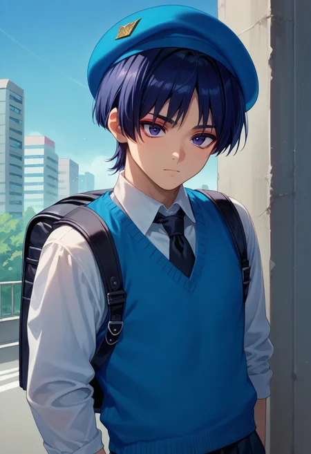 score_9, score_8_up, score_7_up, source_anime, highly detailed,
scaramou,1boy, male focus, solo, indigo hair, short hair, bangs, purple eyes, red eyeshadow, beret, shirt, white shirt, necktie, sweater vest, blue sweater, backpack, slender,
outdoor, building, japanese,