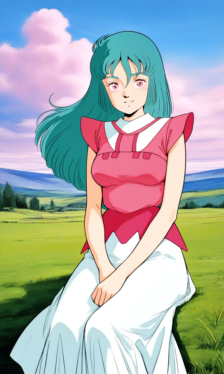 general,highres, ultra-detailed,very aesthetic,best quality ,best hands, BREAK <lora:Ciela_Lapana_dress_IS:1>
Ciela_Lapana(dress), 1girl, solo, long hair, pink eyes, aqua hair, bangs, green hair, medium breasts, 
pink dress, white skirt, long skirt,
smile, looking at viewer, v arms,
grass, sky, fantasy,